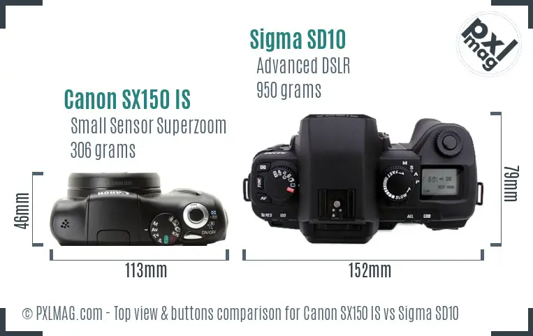 Canon SX150 IS vs Sigma SD10 top view buttons comparison