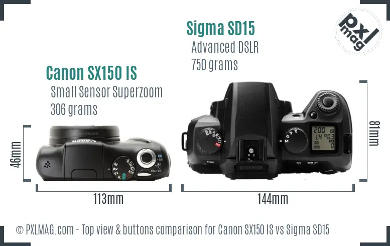 Canon SX150 IS vs Sigma SD15 top view buttons comparison