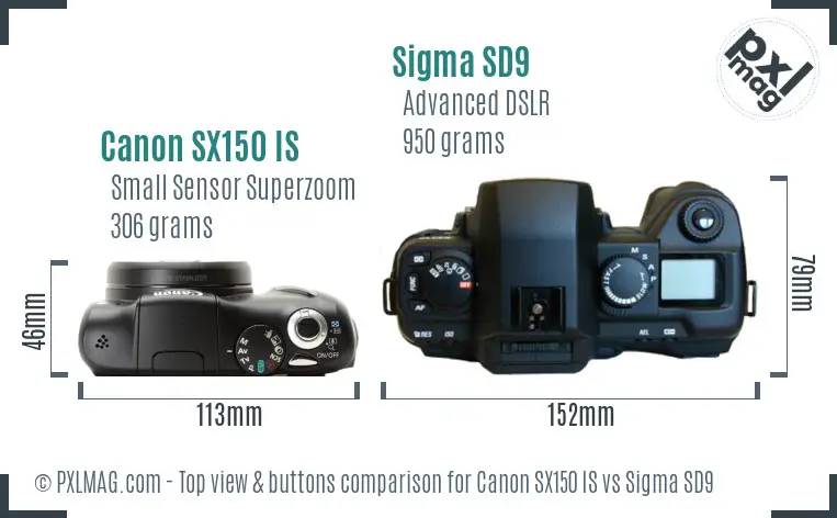 Canon SX150 IS vs Sigma SD9 top view buttons comparison