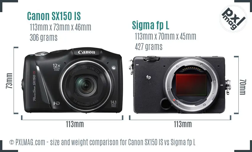 Canon SX150 IS vs Sigma fp L size comparison