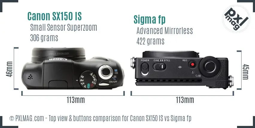 Canon SX150 IS vs Sigma fp top view buttons comparison