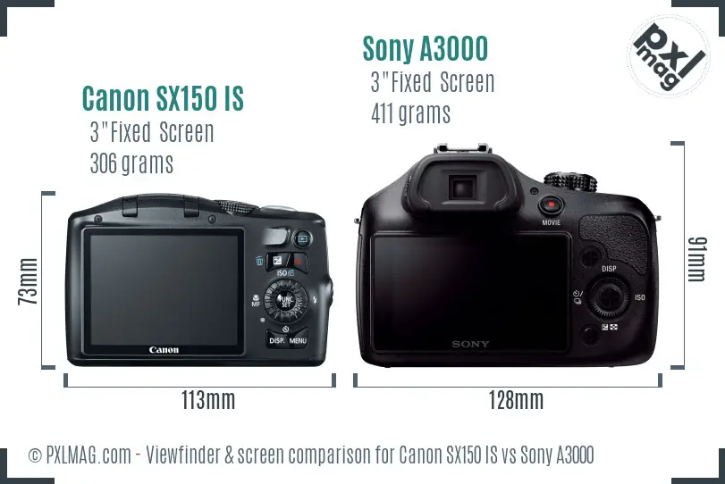 Canon SX150 IS vs Sony A3000 Screen and Viewfinder comparison