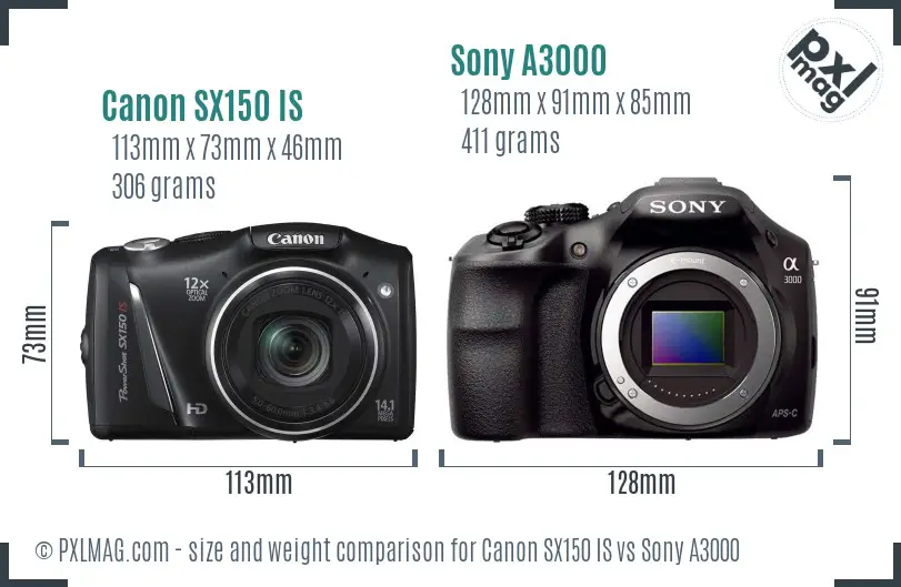 Canon SX150 IS vs Sony A3000 size comparison