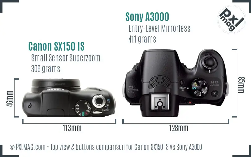 Canon SX150 IS vs Sony A3000 top view buttons comparison