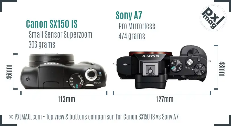 Canon SX150 IS vs Sony A7 top view buttons comparison