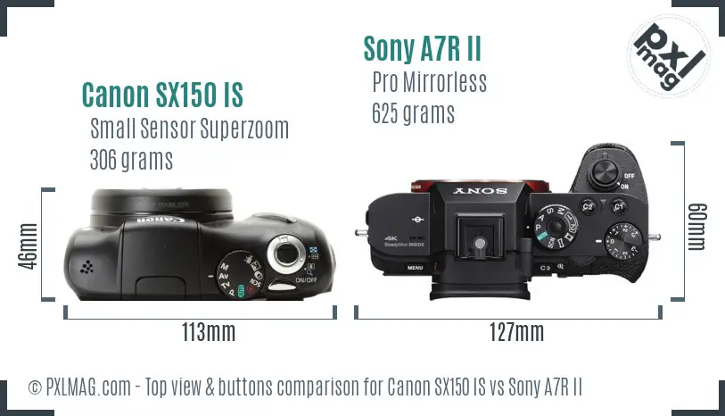 Canon SX150 IS vs Sony A7R II top view buttons comparison Canon SX150 IS vs Sony A7R II top view buttons comparison