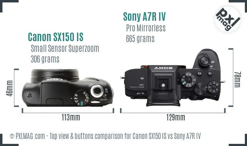 Canon SX150 IS vs Sony A7R IV top view buttons comparison