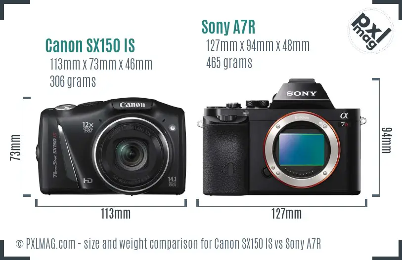 Canon SX150 IS vs Sony A7R size comparison