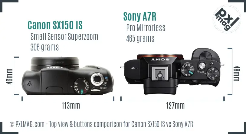 Canon SX150 IS vs Sony A7R top view buttons comparison