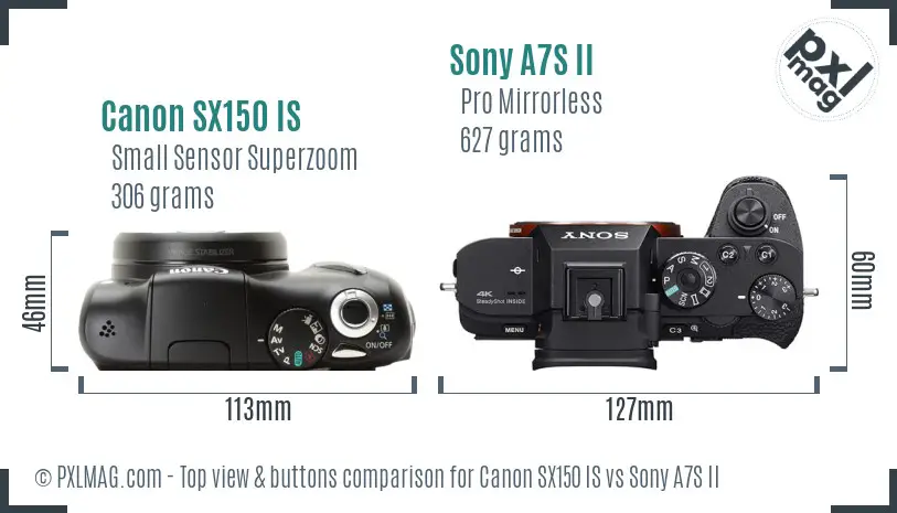 Canon SX150 IS vs Sony A7S II top view buttons comparison