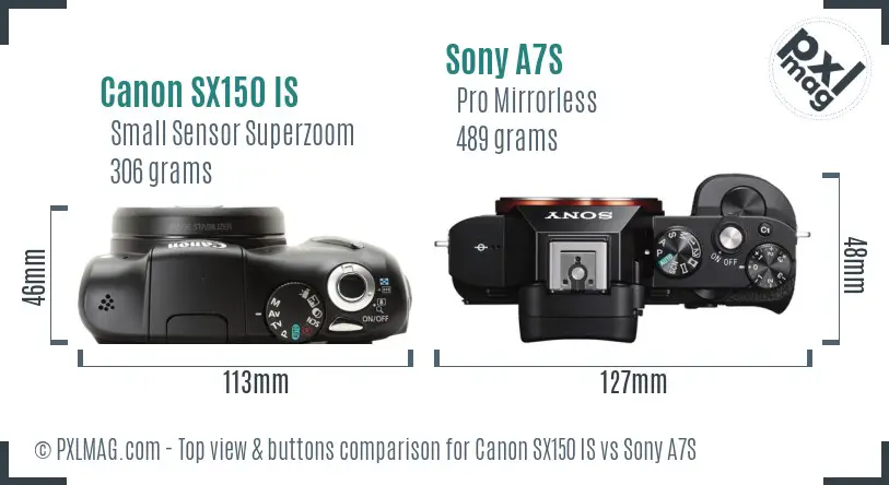 Canon SX150 IS vs Sony A7S top view buttons comparison Canon SX150 IS vs Sony A7S top view buttons comparison