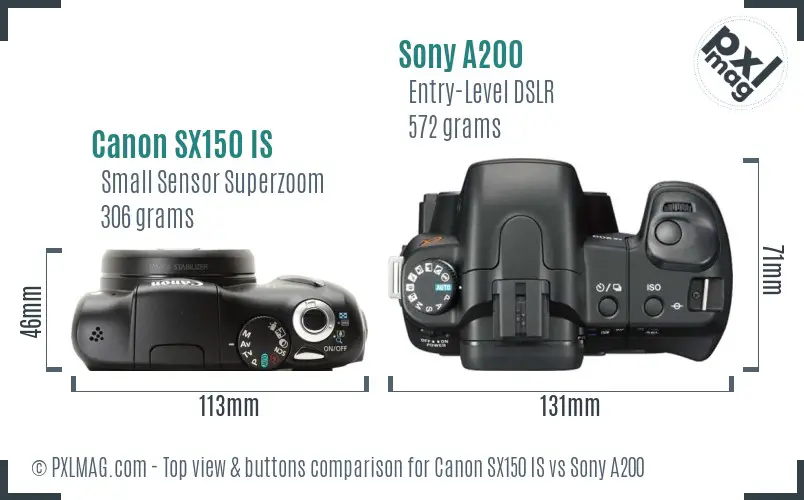 Canon SX150 IS vs Sony A200 top view buttons comparison Canon SX150 IS vs Sony A200 top view buttons comparison