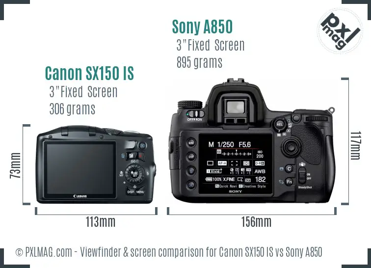 Canon SX150 IS vs Sony A850 Screen and Viewfinder comparison