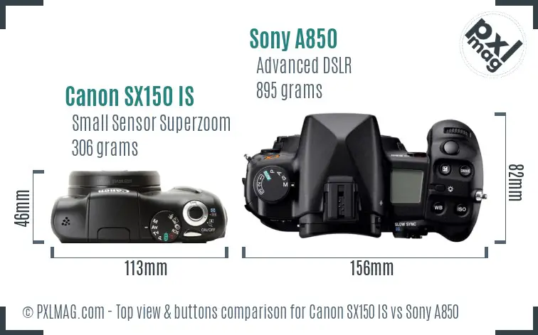 Canon SX150 IS vs Sony A850 top view buttons comparison