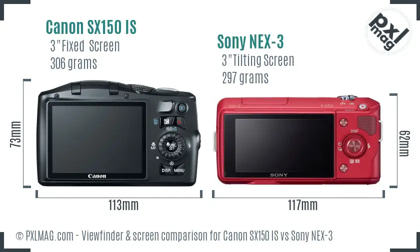 Canon SX150 IS vs Sony NEX-3 Screen and Viewfinder comparison