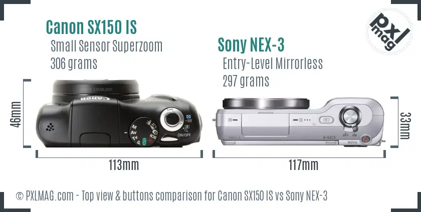 Canon SX150 IS vs Sony NEX-3 top view buttons comparison