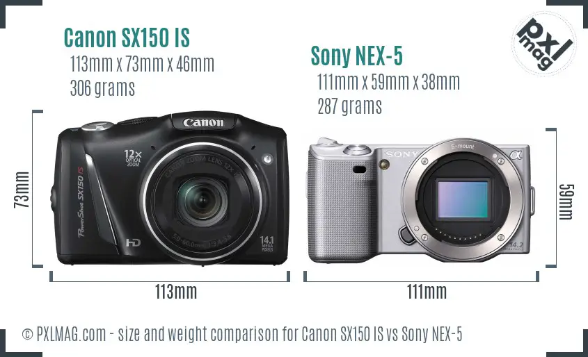 Canon SX150 IS vs Sony NEX-5 size comparison
