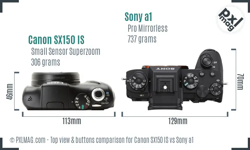 Canon SX150 IS vs Sony a1 top view buttons comparison