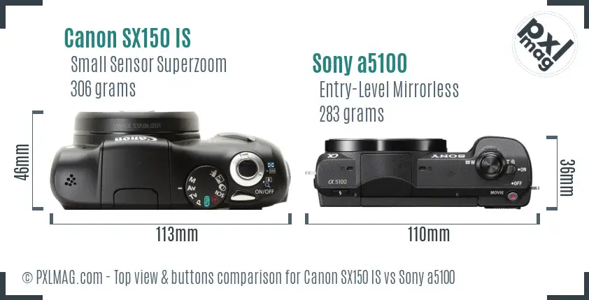 Canon SX150 IS vs Sony a5100 top view buttons comparison