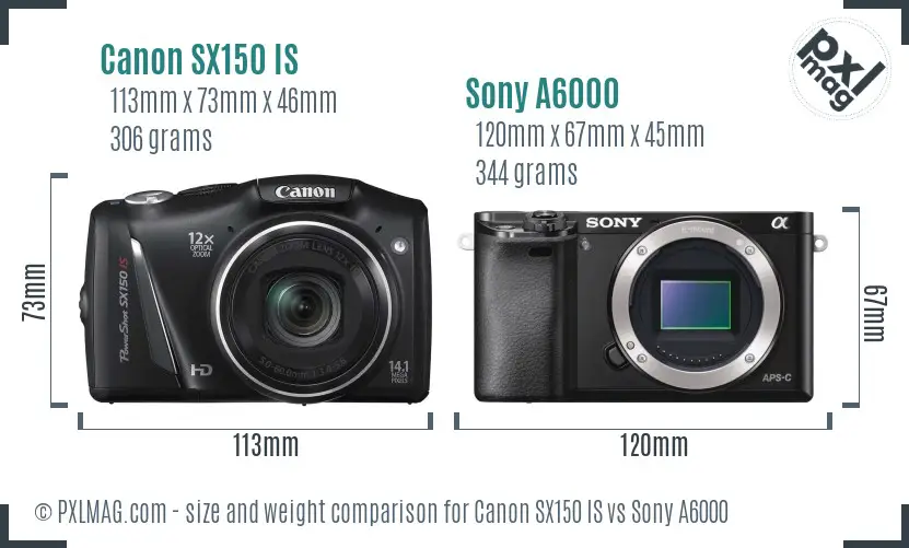 Canon SX150 IS vs Sony A6000 size comparison