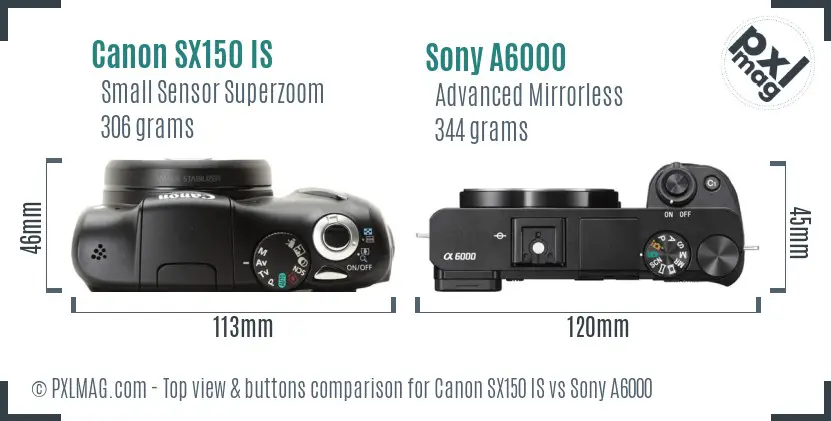 Canon SX150 IS vs Sony A6000 top view buttons comparison