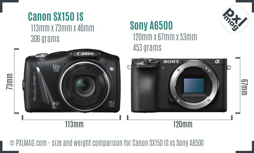 Canon SX150 IS vs Sony A6500 size comparison