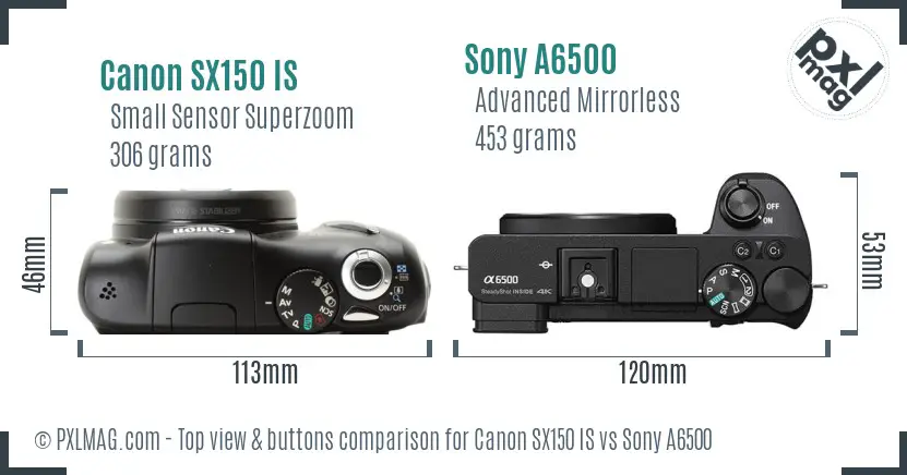 Canon SX150 IS vs Sony A6500 top view buttons comparison