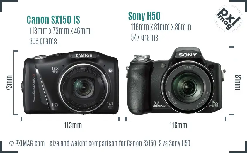 Canon SX150 IS vs Sony H50 size comparison