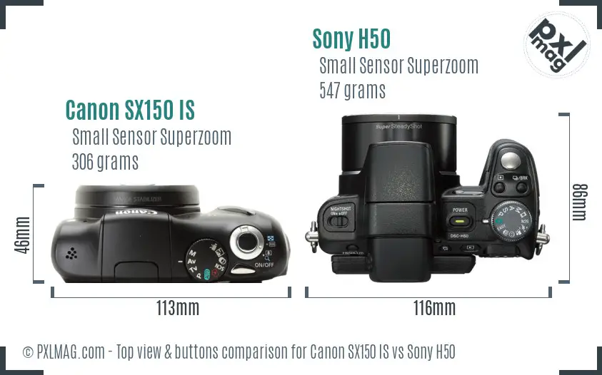 Canon SX150 IS vs Sony H50 top view buttons comparison