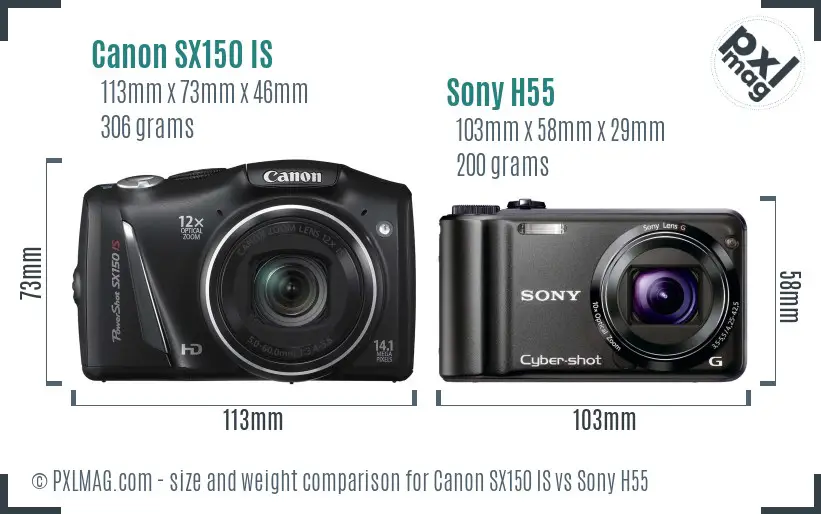 Canon SX150 IS vs Sony H55 size comparison