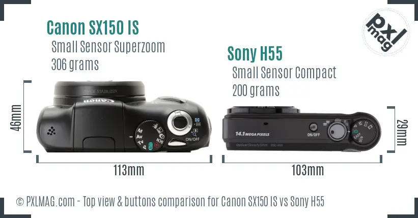 Canon SX150 IS vs Sony H55 top view buttons comparison