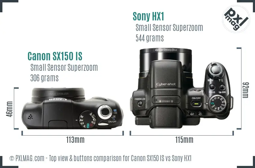 Canon SX150 IS vs Sony HX1 top view buttons comparison Canon SX150 IS vs Sony HX1 top view buttons comparison
