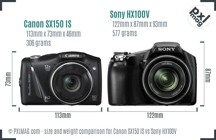 Canon SX150 IS vs Sony HX100V size comparison