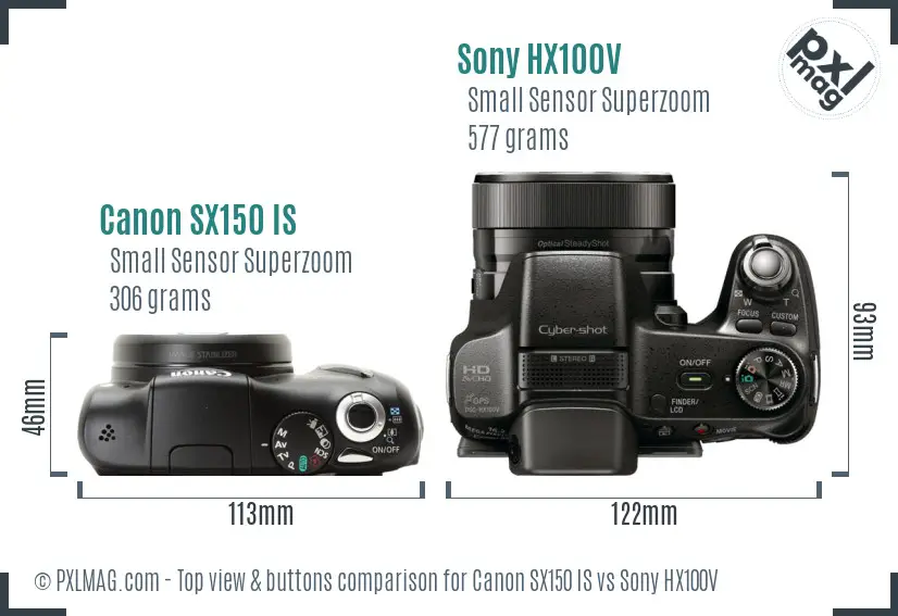 Canon SX150 IS vs Sony HX100V top view buttons comparison