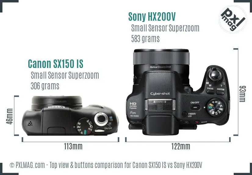 Canon SX150 IS vs Sony HX200V top view buttons comparison