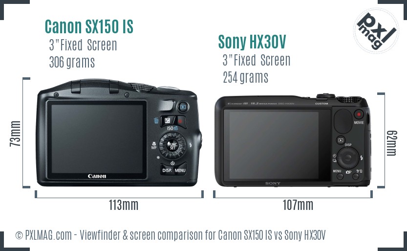 Canon SX150 IS vs Sony HX30V Screen and Viewfinder comparison