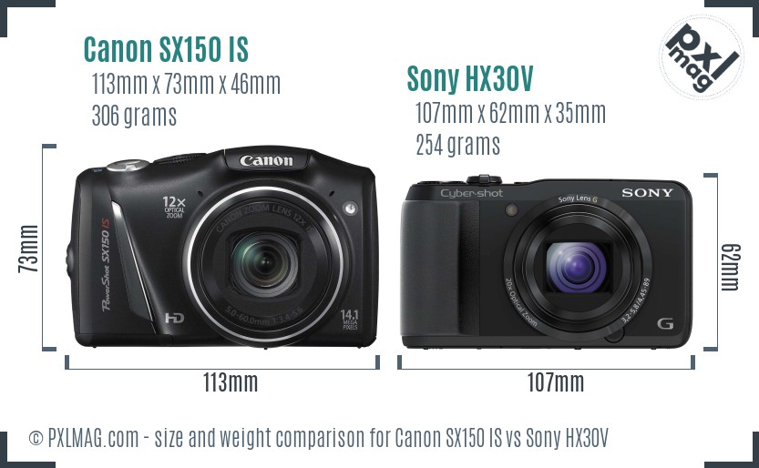 Canon SX150 IS vs Sony HX30V size comparison