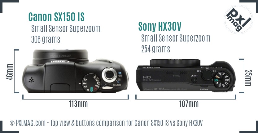 Canon SX150 IS vs Sony HX30V top view buttons comparison