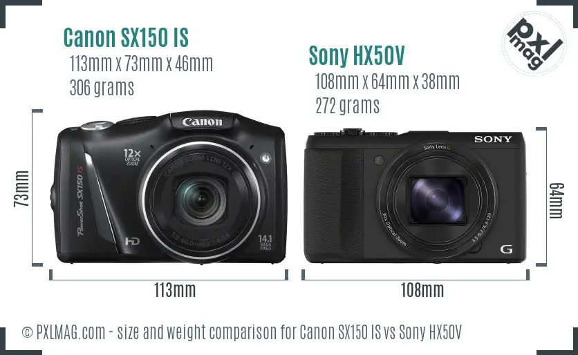 Canon SX150 IS vs Sony HX50V size comparison