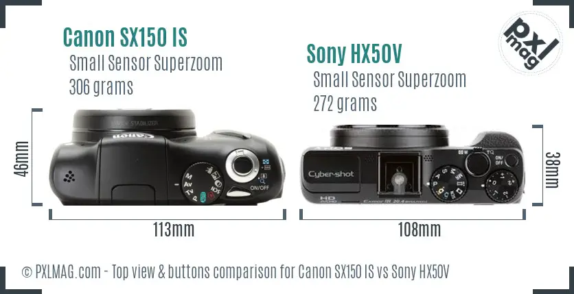 Canon SX150 IS vs Sony HX50V top view buttons comparison