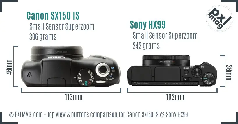 Canon SX150 IS vs Sony HX99 top view buttons comparison