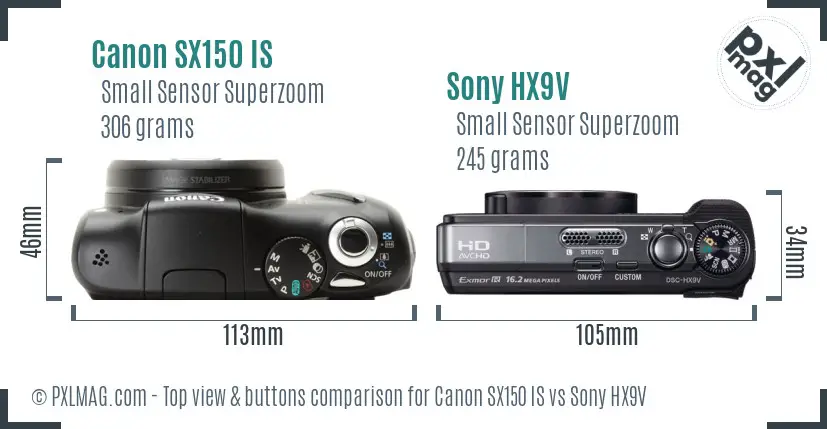 Canon SX150 IS vs Sony HX9V top view buttons comparison Canon SX150 IS vs Sony HX9V top view buttons comparison