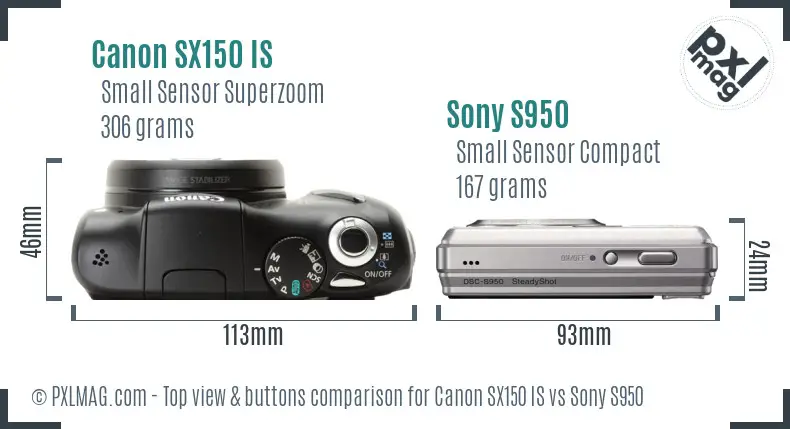 Canon SX150 IS vs Sony S950 top view buttons comparison