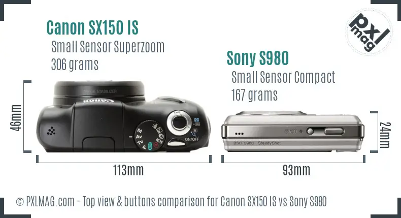 Canon SX150 IS vs Sony S980 top view buttons comparison