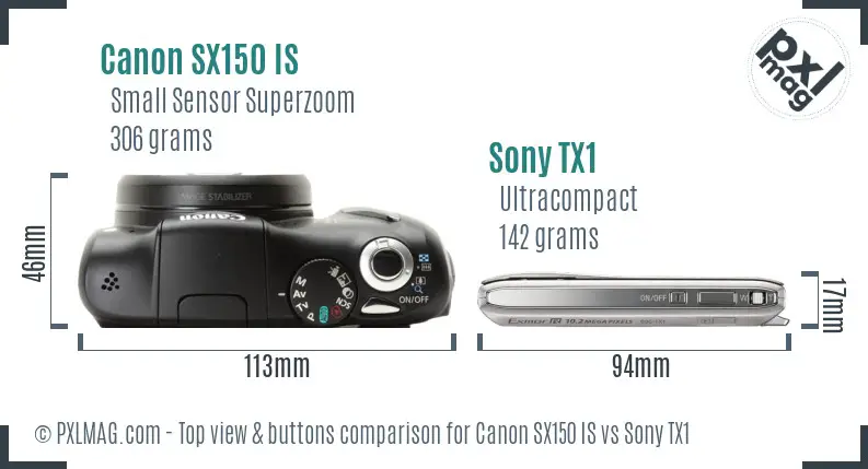 Canon SX150 IS vs Sony TX1 top view buttons comparison