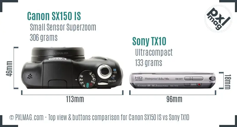 Canon SX150 IS vs Sony TX10 top view buttons comparison Canon SX150 IS vs Sony TX10 top view buttons comparison