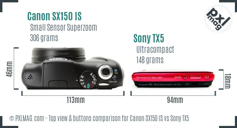 Canon SX150 IS vs Sony TX5 top view buttons comparison Canon SX150 IS vs Sony TX5 top view buttons comparison