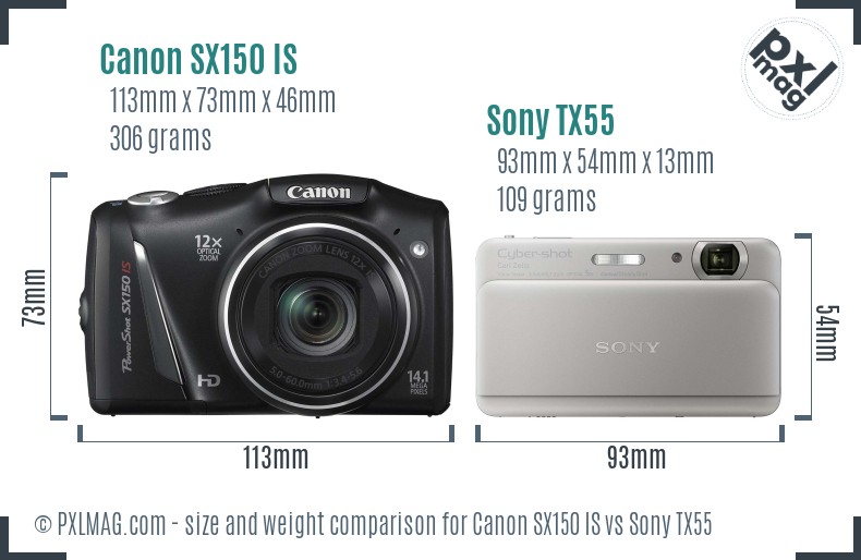 Canon SX150 IS vs Sony TX55 size comparison