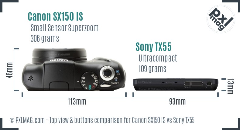 Canon SX150 IS vs Sony TX55 top view buttons comparison