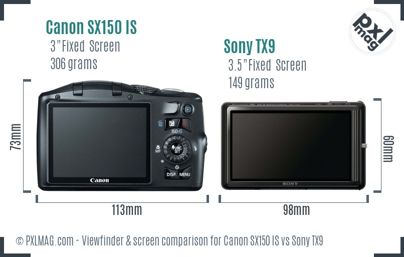 Canon SX150 IS vs Sony TX9 Screen and Viewfinder comparison
